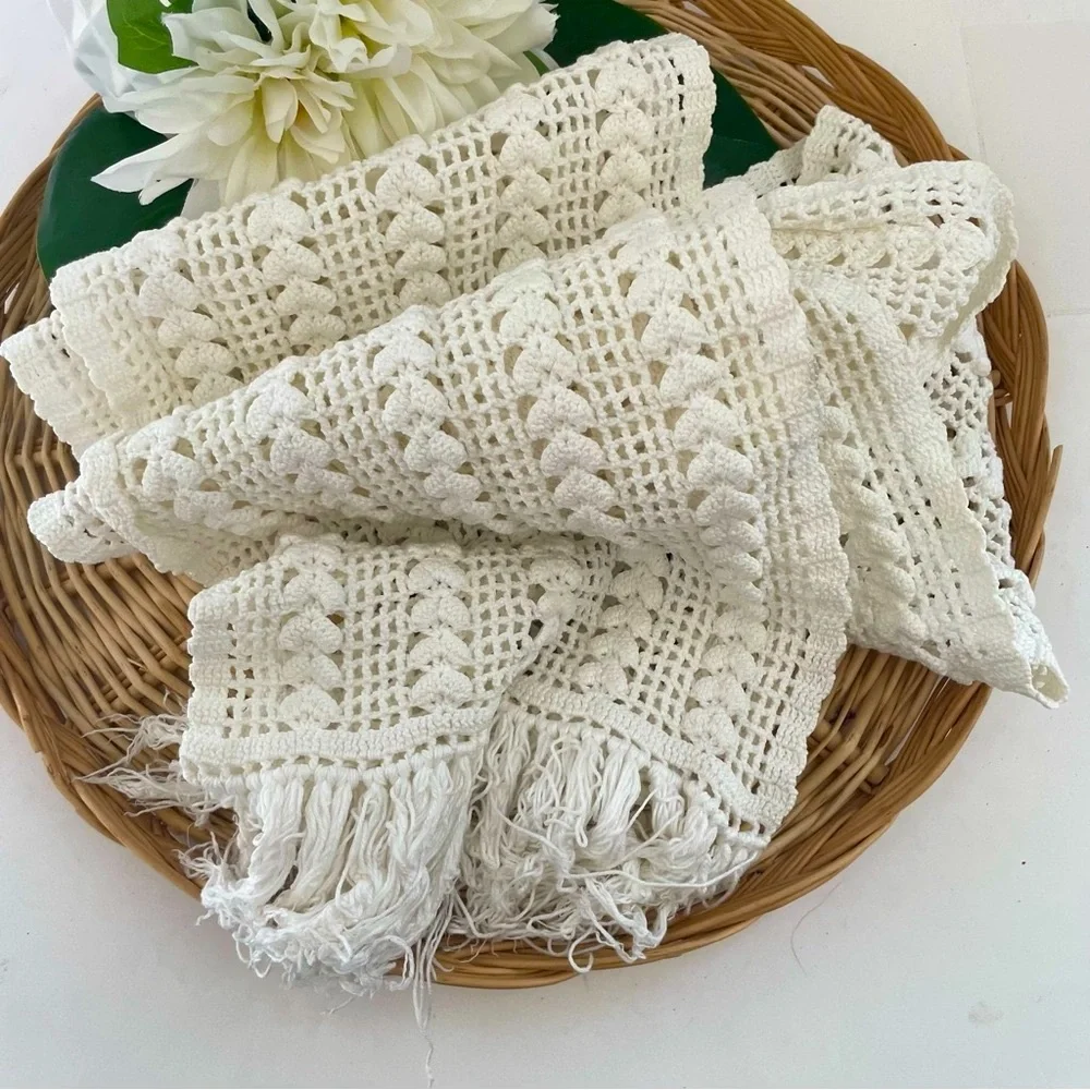 Bohemian handmade crochet scarf heart design fringed tassel detailing